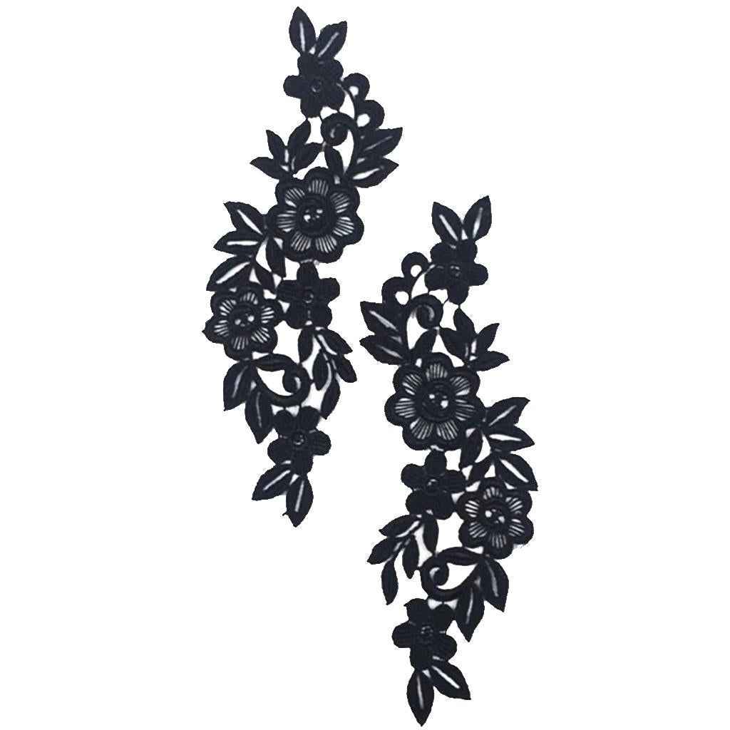 Pair Black Floral Lace Applique Embroidered Sewing Craft Trims Applique