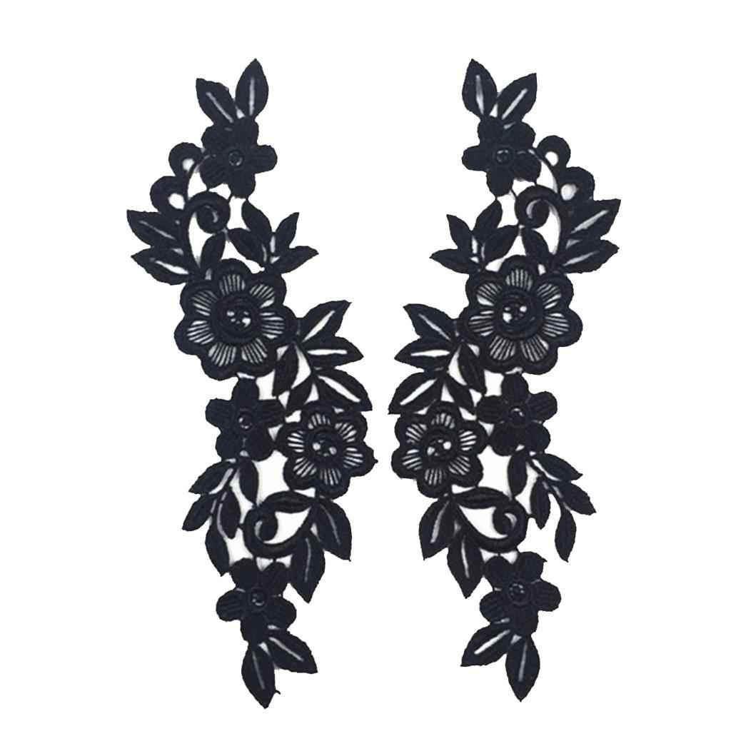 Pair Black Floral Lace Applique Embroidered Sewing Craft Trims Applique
