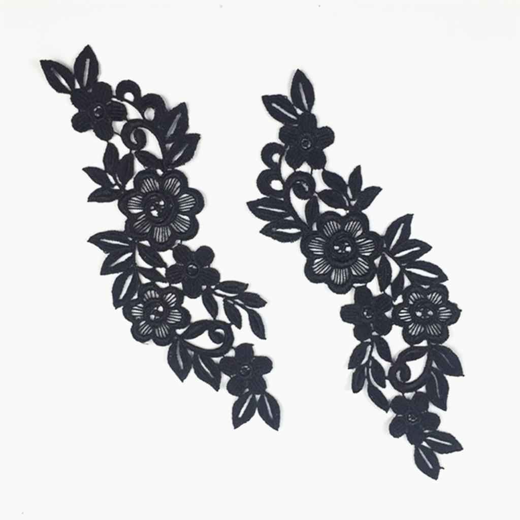 Pair Black Floral Lace Applique Embroidered Sewing Craft Trims Applique