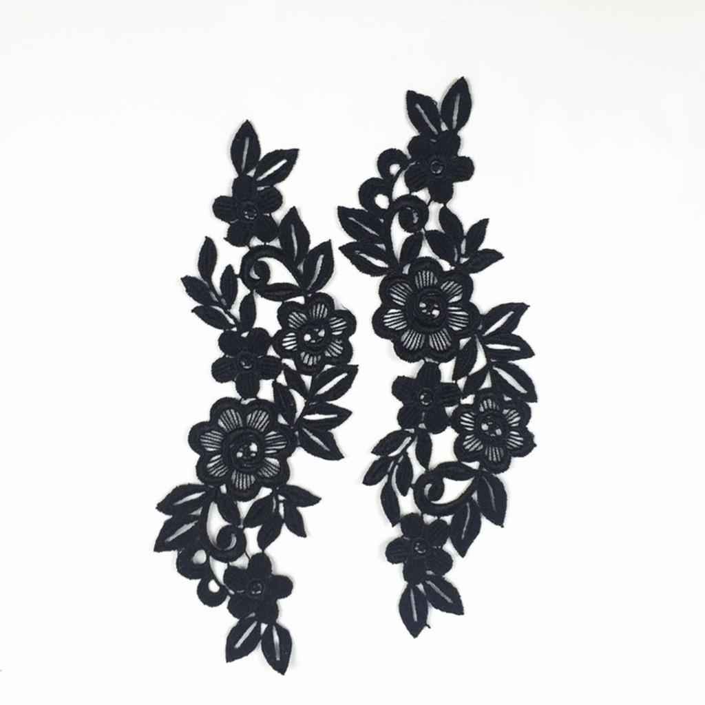 Pair Black Floral Lace Applique Embroidered Sewing Craft Trims Applique
