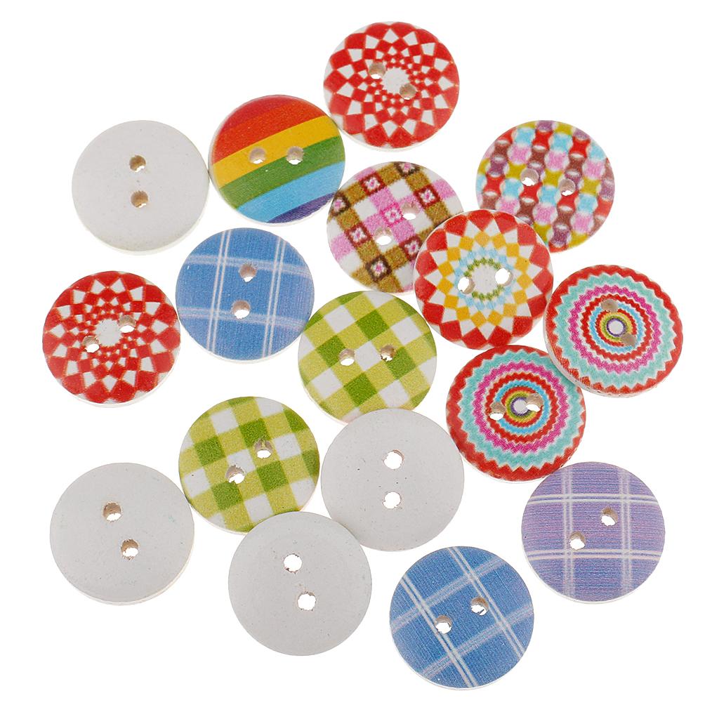 4x100pcs 15mm Polka Dot Plaid Buttons Wood Buttons 2 Holes for Sewing Craft