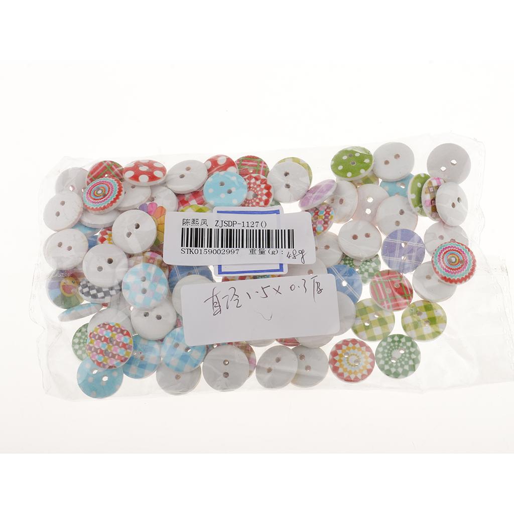 4x100pcs 15mm Polka Dot Plaid Buttons Wood Buttons 2 Holes for Sewing Craft