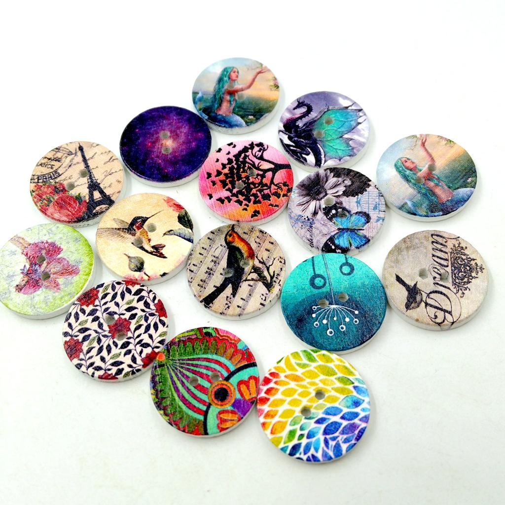 200pcs Mixed Vintage Wooden 2 Holes Sewing Buttons Craft DIY Scrapbooking