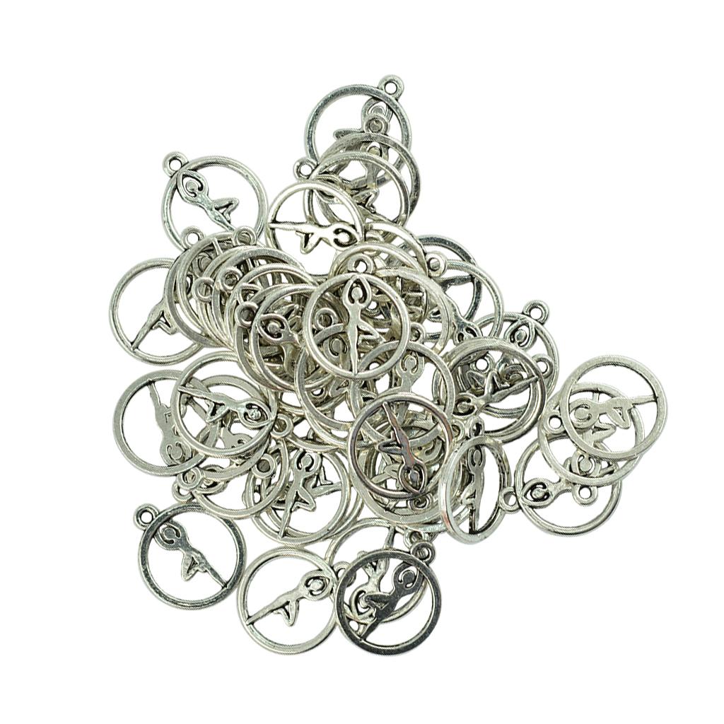 4x50 Pcs Tibetan Silver Round Hollow Out Pendant Charms Yoga Pose DIY Crafts
