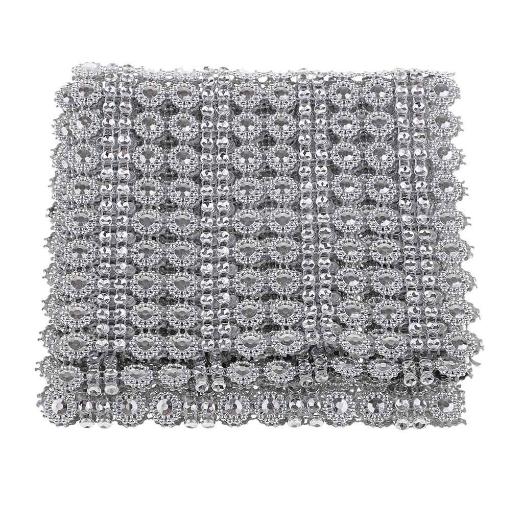 1 Yard 16 Row Silver Flower Diamond Mesh Wrap Crystal Rhinestones Ribbon Trim for Party Decoration, Wedding Cake, Art Craft 12cm Wide