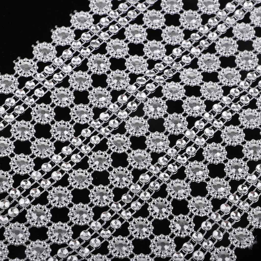 1 Yard 16 Row Silver Flower Diamond Mesh Wrap Crystal Rhinestones Ribbon Trim for Party Decoration, Wedding Cake, Art Craft 12cm Wide