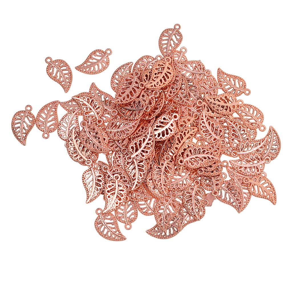 4x100 Pieces Filigree Leaf Charms Pendant Beads Jewelry DIY Making rosegold