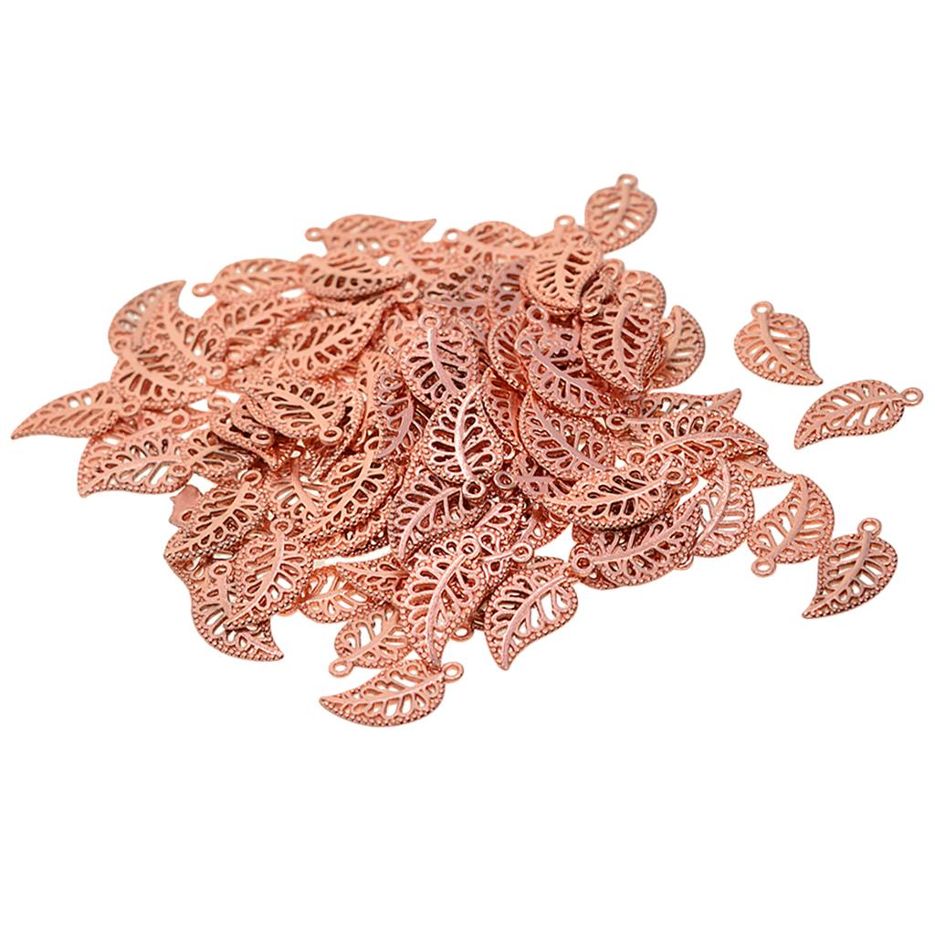 2x100 Pieces Filigree Leaf Charms Pendant Beads Jewelry DIY Making rosegold