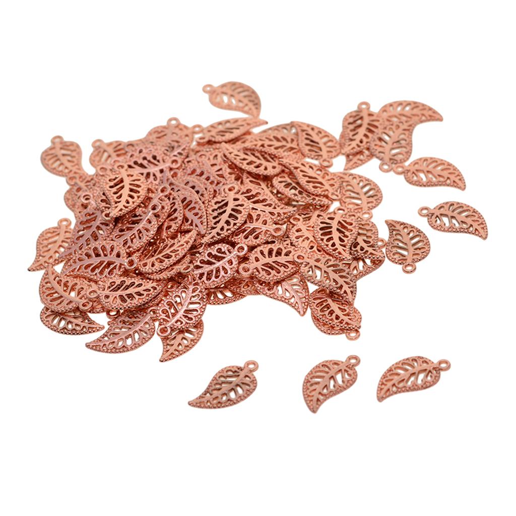 2x100 Pieces Filigree Leaf Charms Pendant Beads Jewelry DIY Making rosegold