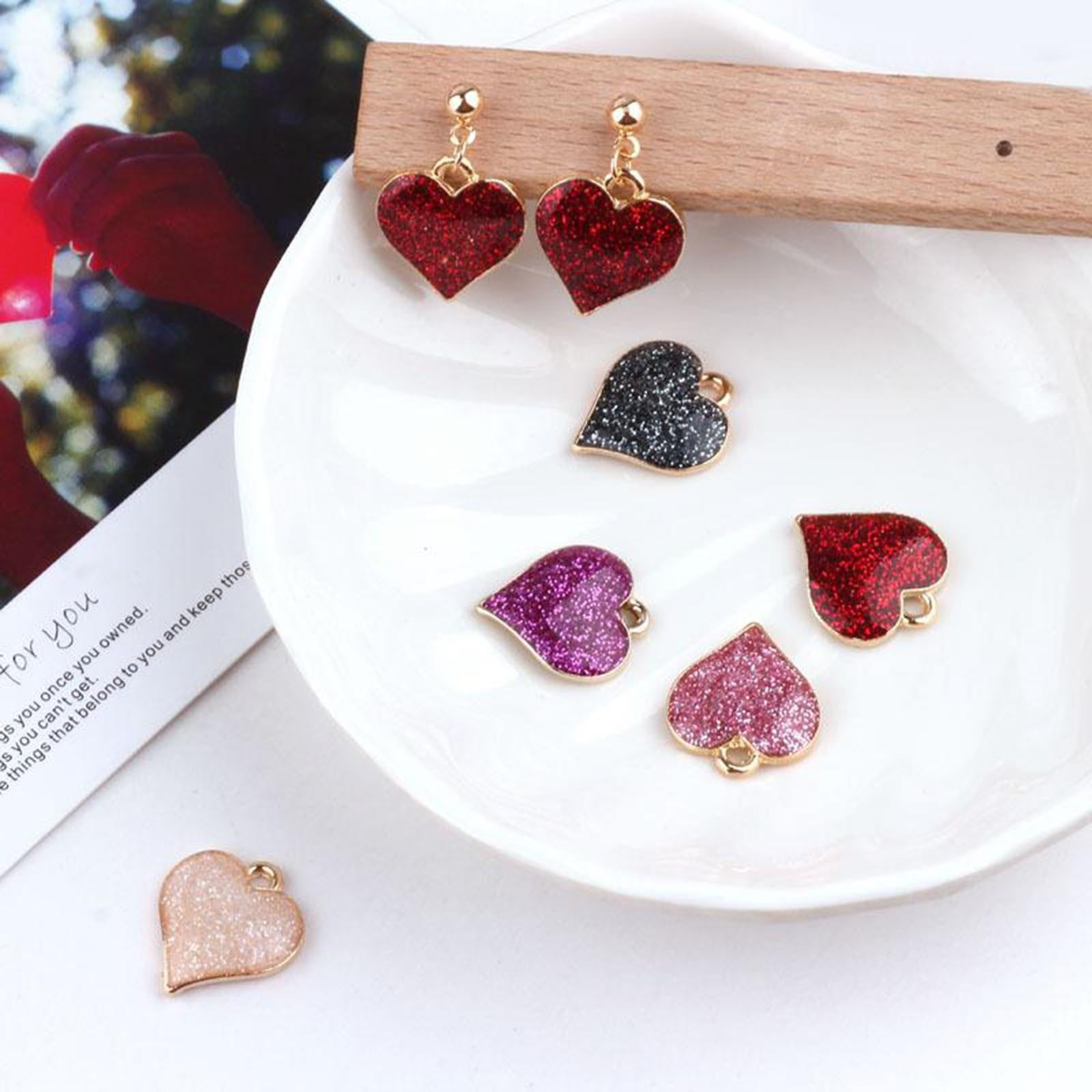 4x10Pcs Charms Shiny Heart Enamel Alloy Pendant DIY-Handmade Jewelry Findings Black
