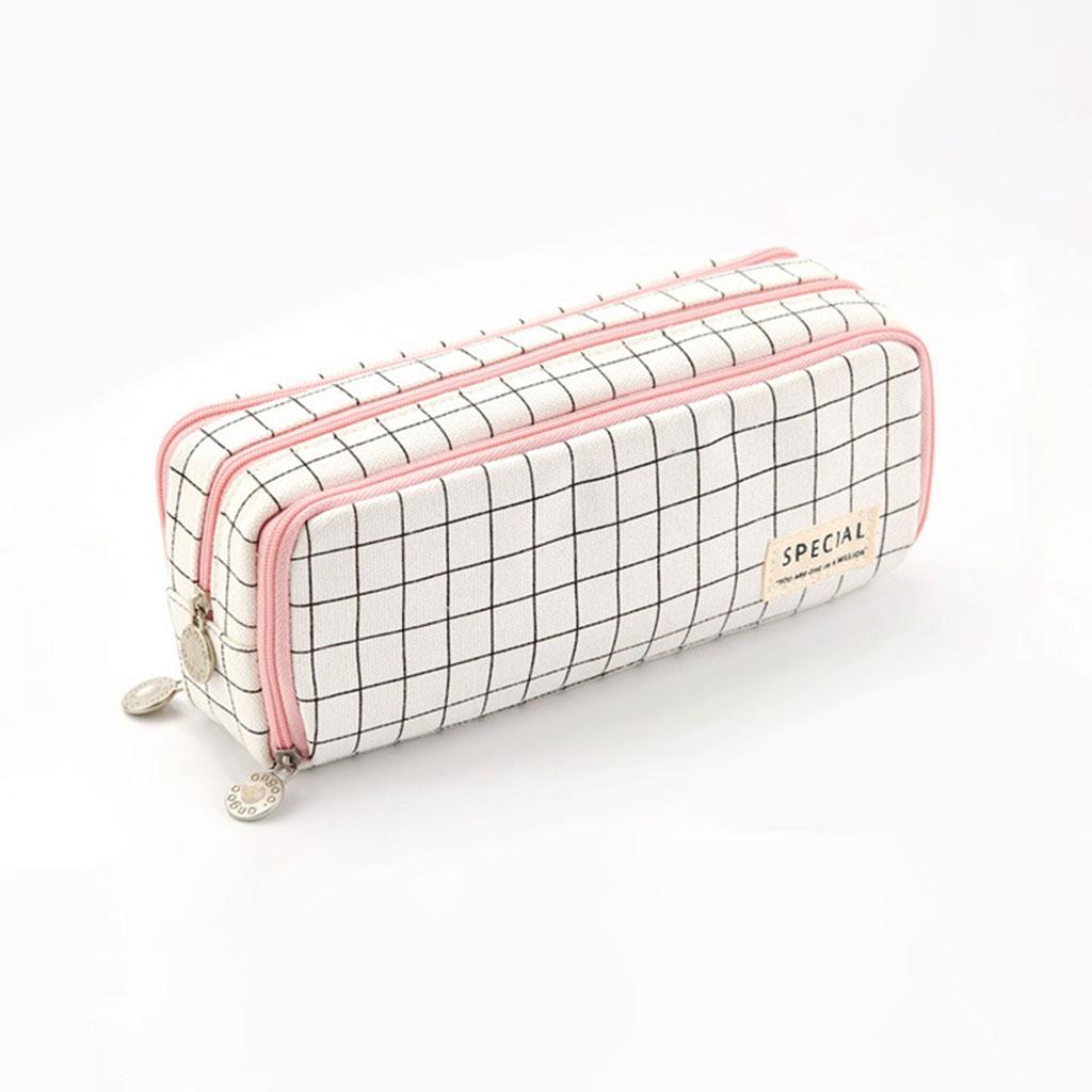 Canvas Pencil Case Pen Bag Stationery Box for Students Black White Plaid