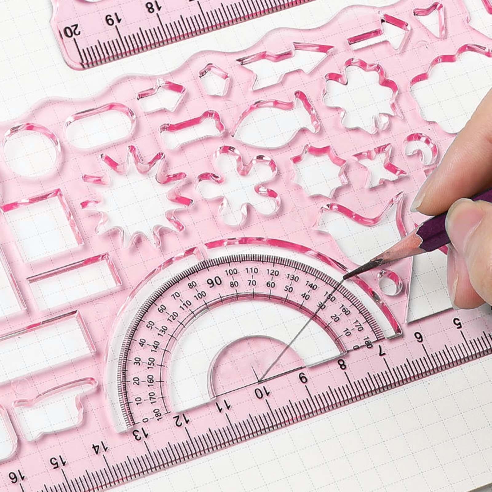 2xMultifunctional Drawing Template Geometric Ruler for Mathematics Building Red