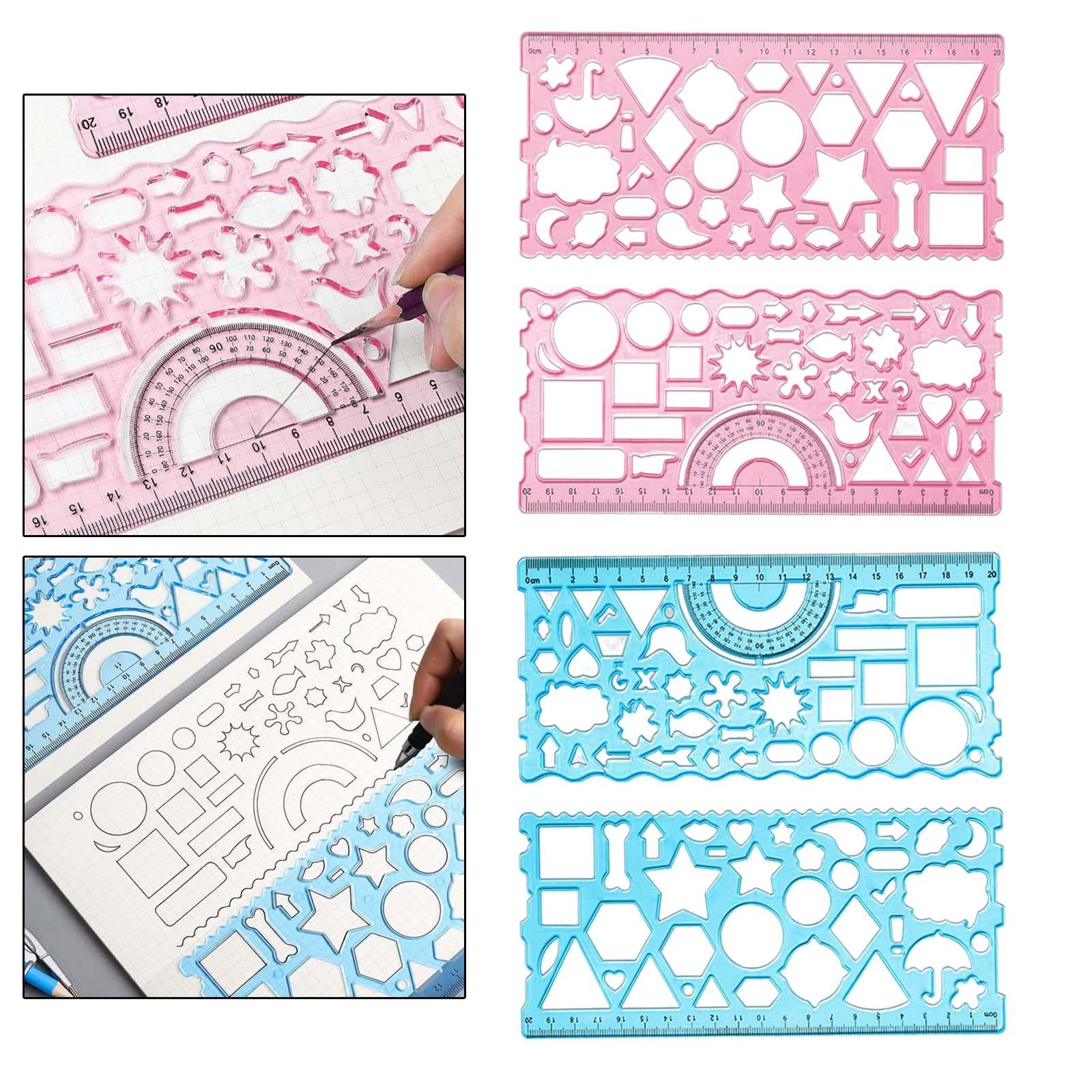 2xMultifunctional Drawing Template Geometric Ruler for Mathematics Building Red