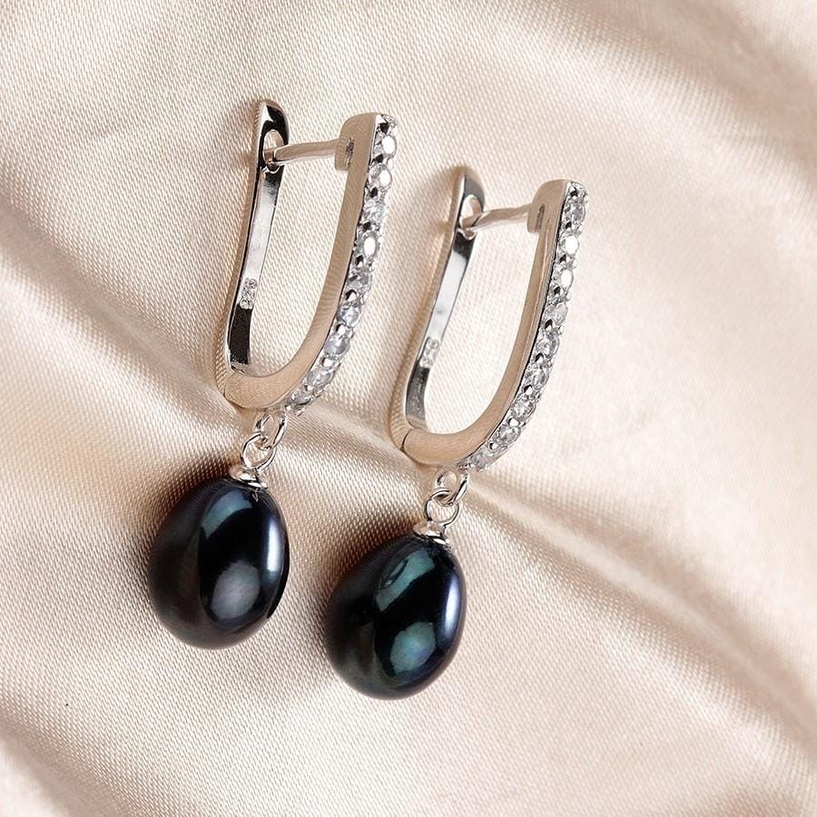 Natural Pearl Earrings925 Sterling Silver Jewelry Women Dangle Drop Earrings For Wedding/Party (black pearl)