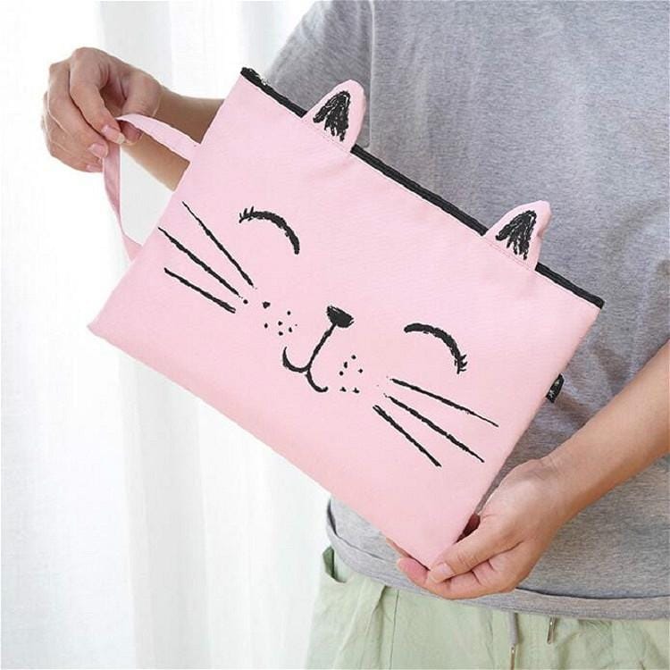 Cat Pattern Zipper Canvas File Bag Student Paper Storage Bag Tote Bag (Pink)