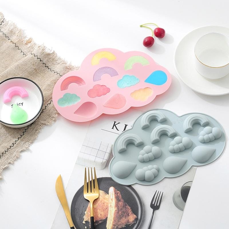 6 PCS Rainbow Cloud Raindrops Shape Silicone Cake Baking Chocolate Mold Making Ice Tray Candy Pudding DIY Ice Mold (Pink)