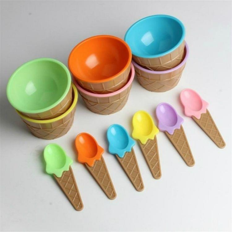 2 PCS Kids Ice Cream Bowl Spoon Set Durable Gifts Lovely Dessert Bowl DIY Tools(Green)