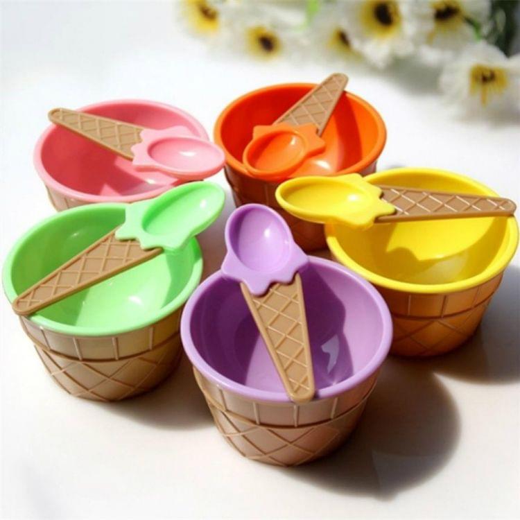 2 PCS Kids Ice Cream Bowl Spoon Set Durable Gifts Lovely Dessert Bowl DIY Tools(Green)