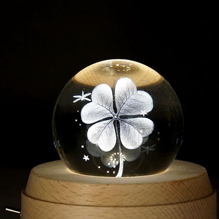 3D Word Engraving Crystal Ball Clover Pattern Electronic Swivel Musical Birthday Gift Home Decor without Music
