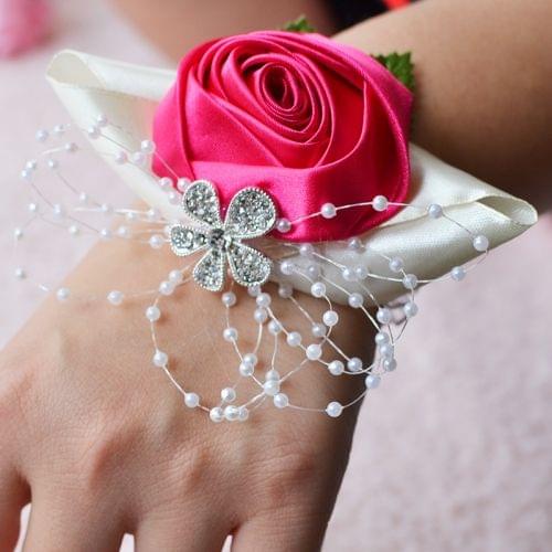 Handmade Wedding Bride Wrist Flower Boutonniere Bouquet Corsage Diamond Satin Rose Flowers(Magenta)