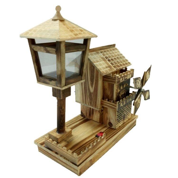 Retro Windmill House Style Wooden Music Box Home Decoration with LED Lamp