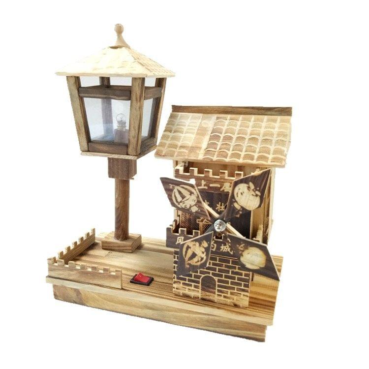 Retro Windmill House Style Wooden Music Box Home Decoration with LED Lamp