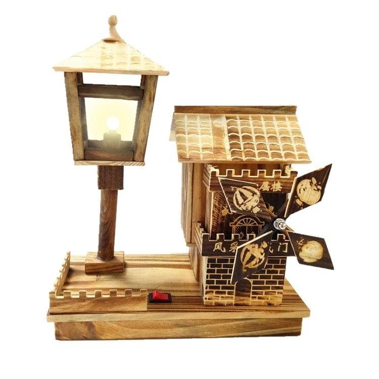 Retro Windmill House Style Wooden Music Box Home Decoration with LED Lamp