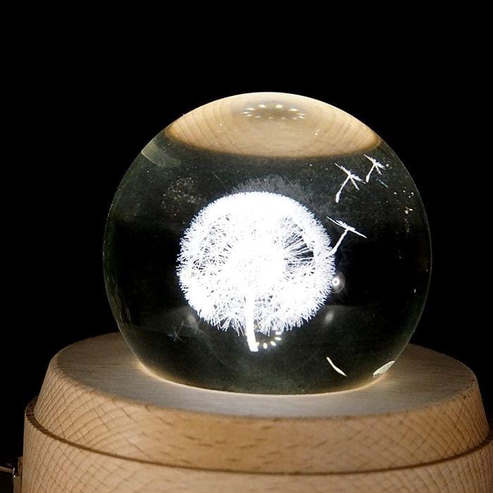 3D Word Engraving Crystal Ball Dandelion Pattern Electronic Swivel Musical Birthday Gift Home Decor without Music
