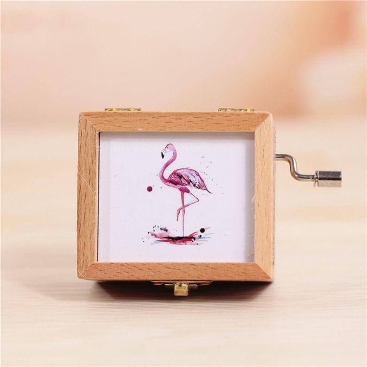 Flamingo Pattern Retro Style Wooden Hand Cranking Music Box Home Decoration