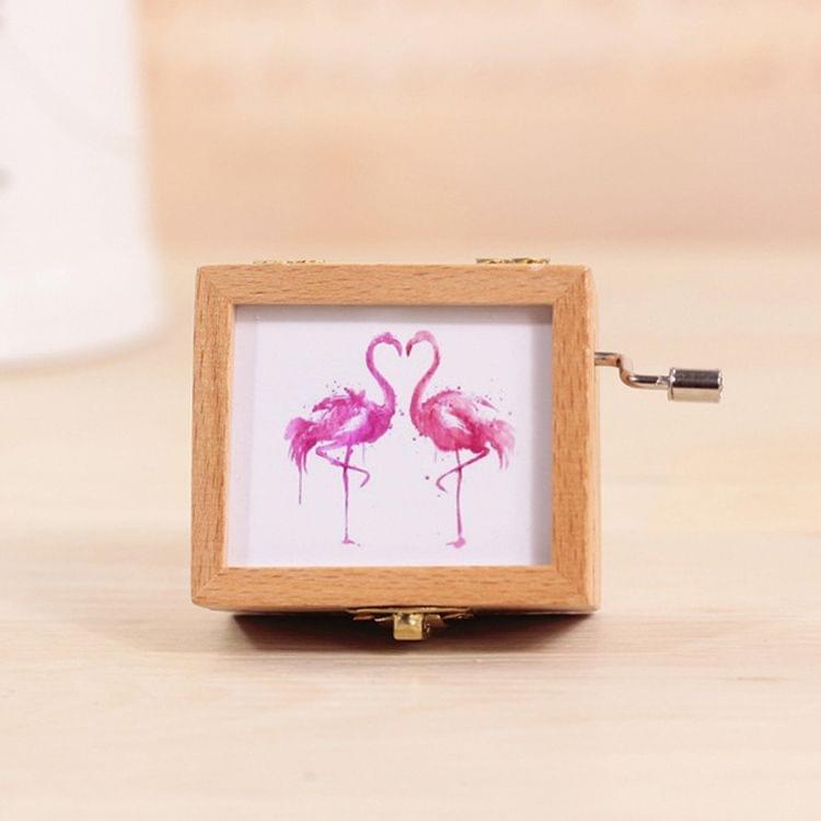 Dual Flamingos Pattern Retro Style Wooden Hand Cranking Music Box Home Decoration