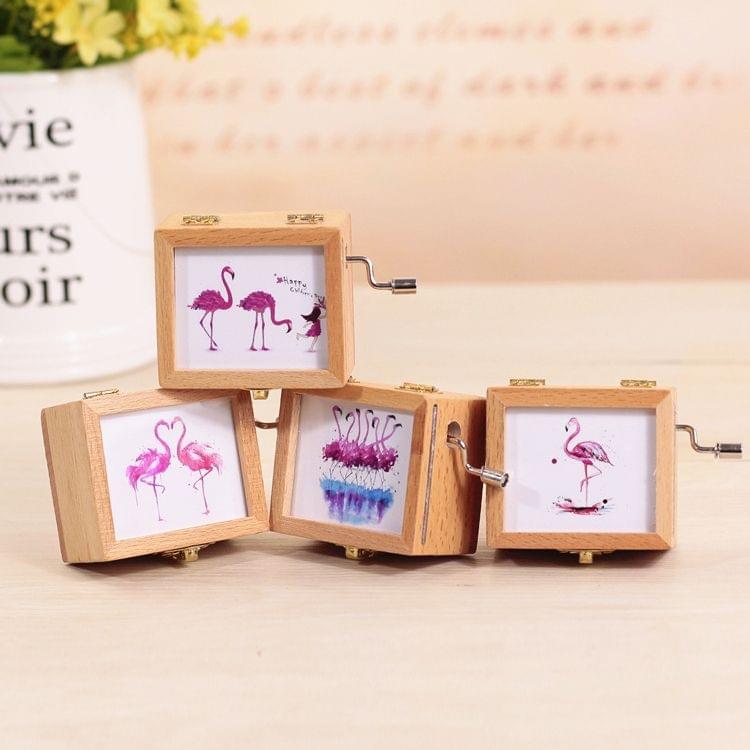 Flamingos Pattern Retro Style Wooden Hand Cranking Music Box Home Decoration