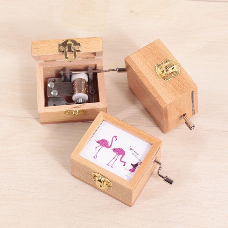 Flamingos Pattern Retro Style Wooden Hand Cranking Music Box Home Decoration