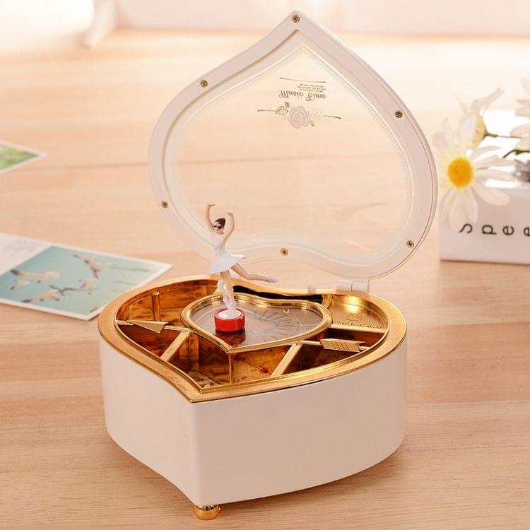 Heart Shape Dancing Ballerina Music Box Plastic Jewellery Box Girls Carousel Hand Crank Gift(White)