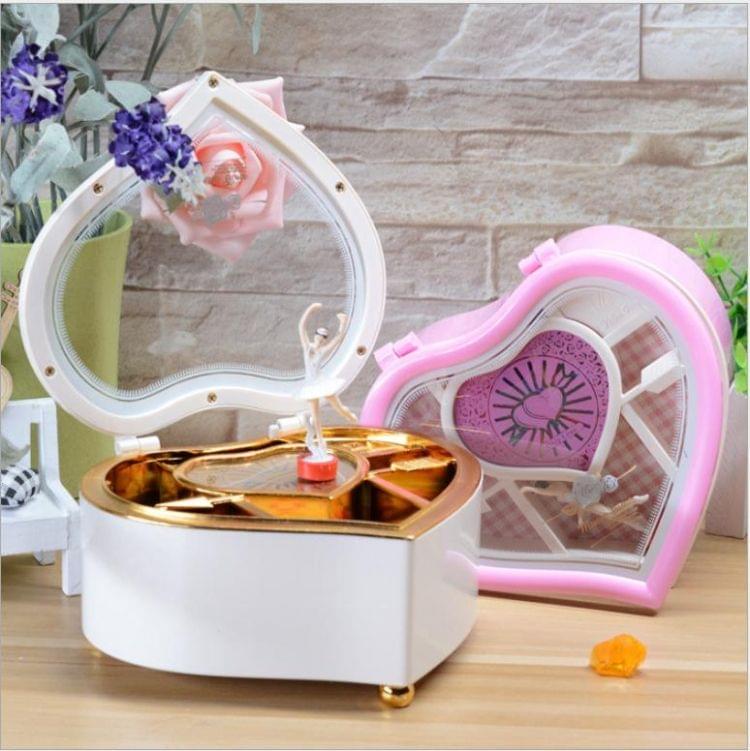 Heart Shape Dancing Ballerina Music Box Plastic Jewellery Box Girls Carousel Hand Crank Gift(White)