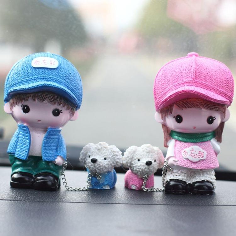 2 PCSResin Crafts Hatted Lover Dolls Chain Puppy Dog Ornaments Room Car Decoration Gift, Random Style Delivery