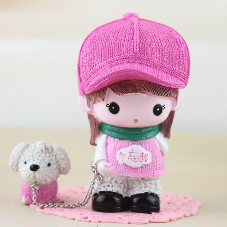 2 PCSResin Crafts Hatted Lover Dolls Chain Puppy Dog Ornaments Room Car Decoration Gift, Random Style Delivery