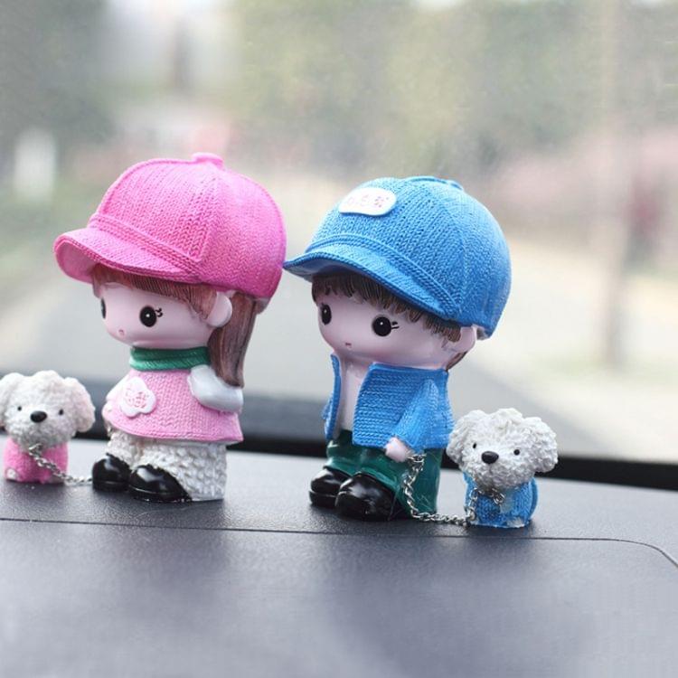 2 PCSResin Crafts Hatted Lover Dolls Chain Puppy Dog Ornaments Room Car Decoration Gift, Random Style Delivery