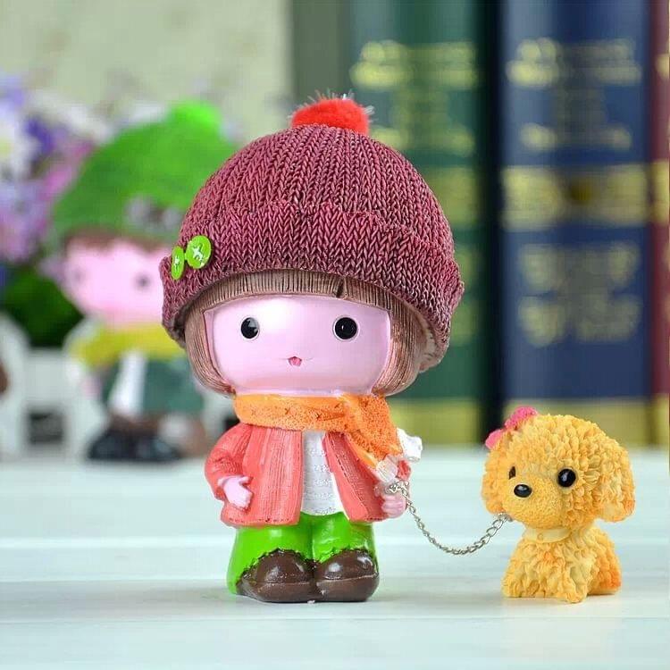 2 PCS Resin Crafts Hatted Couple Lover Dolls Chain Puppy Dog Ornaments Room Car Decoration Gift