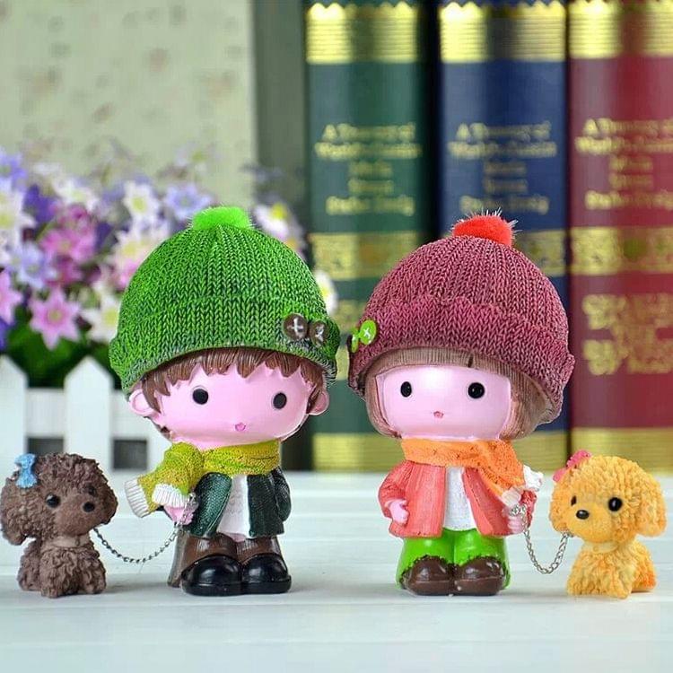 2 PCS Resin Crafts Hatted Couple Lover Dolls Chain Puppy Dog Ornaments Room Car Decoration Gift