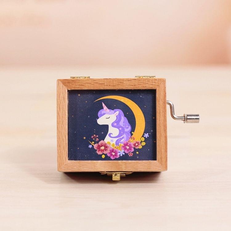 Moon Unicorn Pattern Retro Style Wooden Hand Cranking Music Box Home Decoration