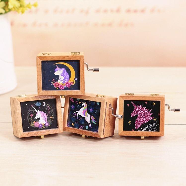 Unicorn Pattern Retro Style Wooden Hand Cranking Music Box Home Decoration