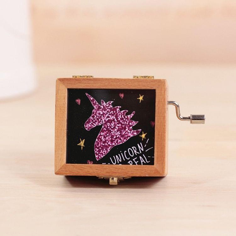 Unicorn Pattern Retro Style Wooden Hand Cranking Music Box Home Decoration