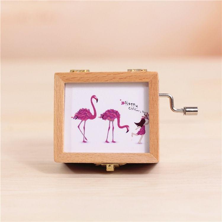 Dual Flamingos and Girl Pattern Retro Style Wooden Hand Cranking Music Box Home Decoration