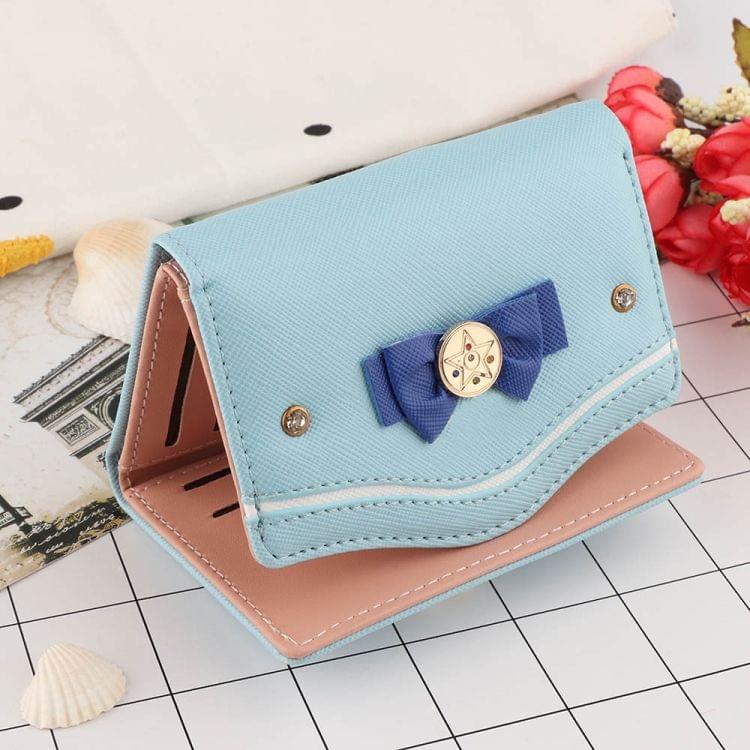 Women Short Wallet Candy Color Bow Knot Clutch Purse Fashion Wallet(Light Blue)