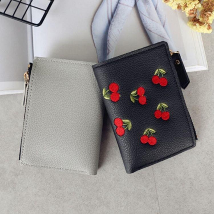 PU Leather Cherry Embroidery Coin Purse Card Holders(Dark green)