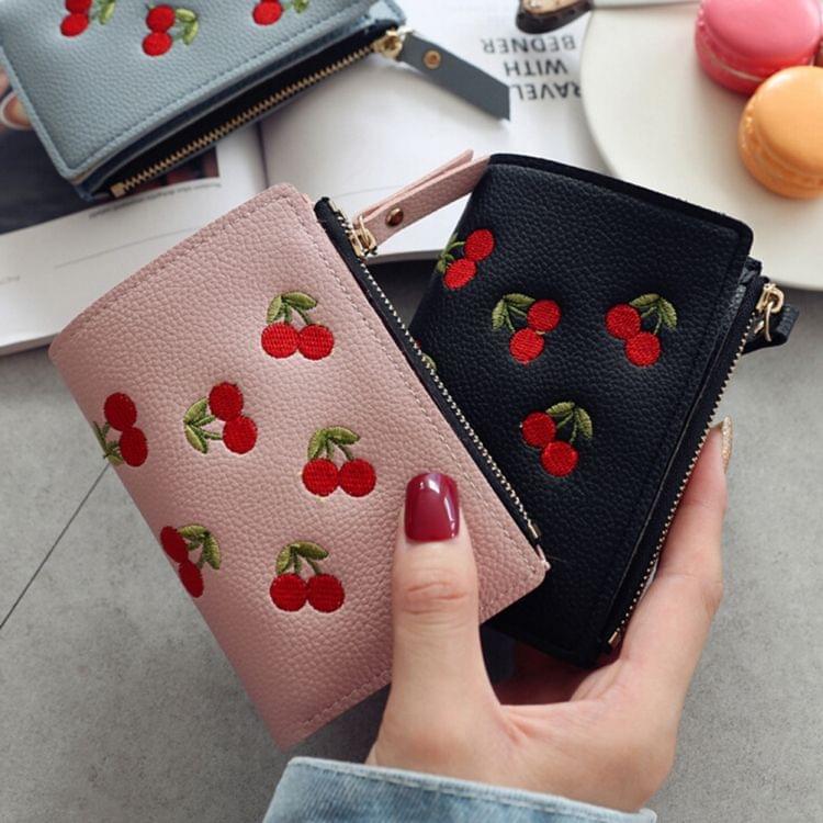 PU Leather Cherry Embroidery Coin Purse Card Holders(Gray)