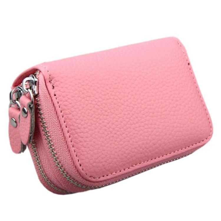 Genuine Cowhide Leather Dual Layer Solid Color Zipper Card Holder Wallet Coin Purse Card Bag Protect Case with Card Slots & Coin Position, Size: 10.5*7.0*4.0cm(Pink)
