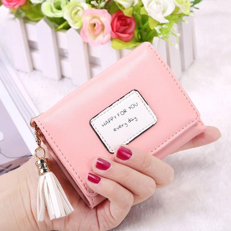 Fashion Tassel Pendant 3-Folding Short Design PU Leather Wallet Coin Purse for Women(Pink)