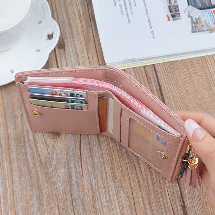 Short Leather Women Zipper Purse Panelled Wallets Trendy Coin Purse(Pink)