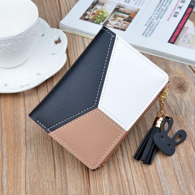 Short Leather Women Zipper Purse Panelled Wallets Trendy Coin Purse(Pink)